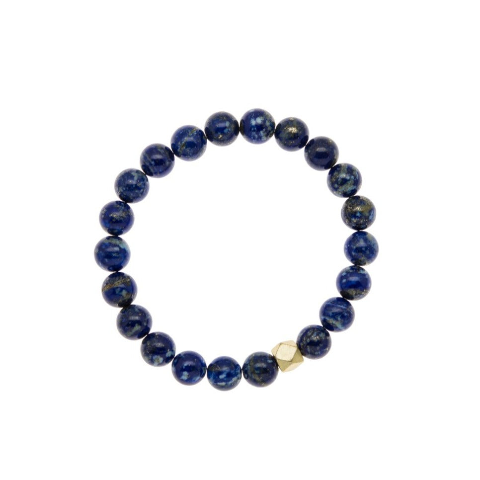 Zurina Ketola stretch mala inspired bracelet featuring lapiz lazuli and gold plated geometric copper detail