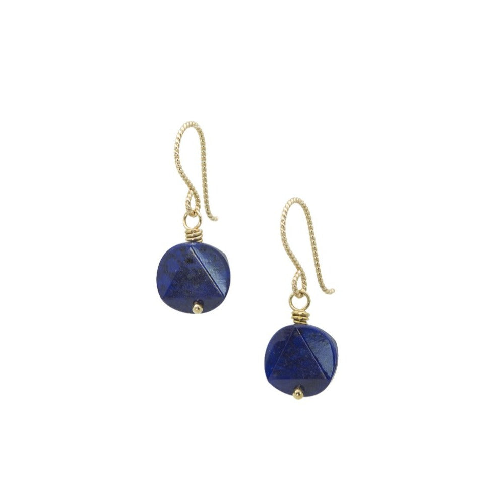 Zurina Ketola Modern Lapis Lazuli Drop Earrings in 14K gold fill on white background