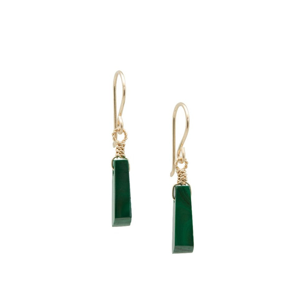 Zurina Ketola Designs Malachite Key Drop Earrings in 14K gold fill on white background