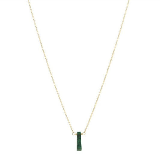 Zurina Ketola Designs sleek malachite key necklace in delicate 14K gold fill chain on white background
