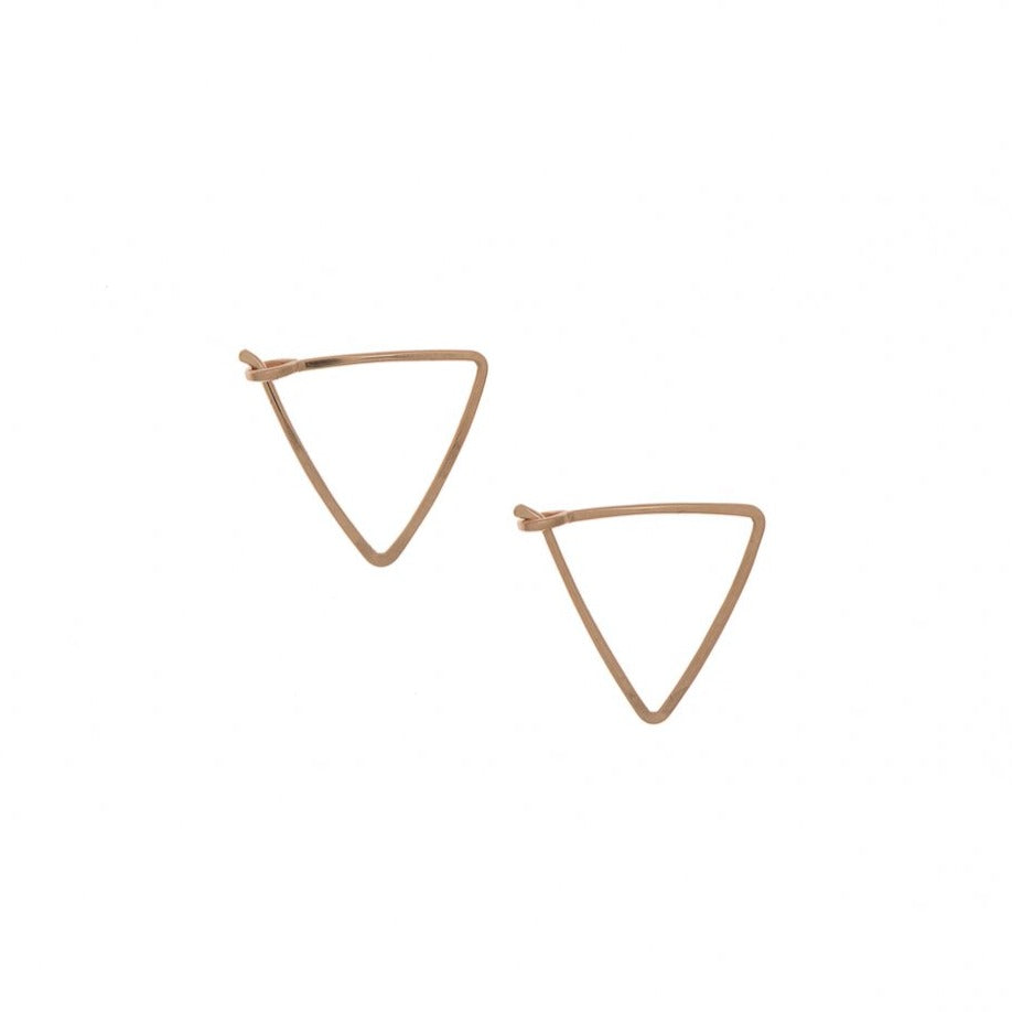 Zurina Ketola Designs handcrafted jewelry featuring handmade hoop earrings. Sleek and sophisticated, these sparkling triangle hoop earrings are 14K rose gold fill.