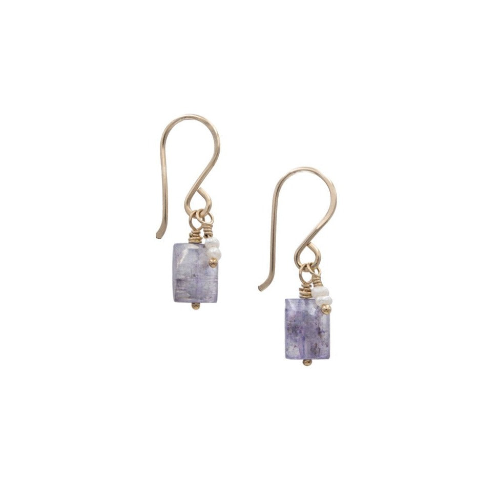 Zurina Ketola Designs Handmade Earrings. Rare Purple Kyanite and Pearl Drop Earrings in 14K Gold Fill.