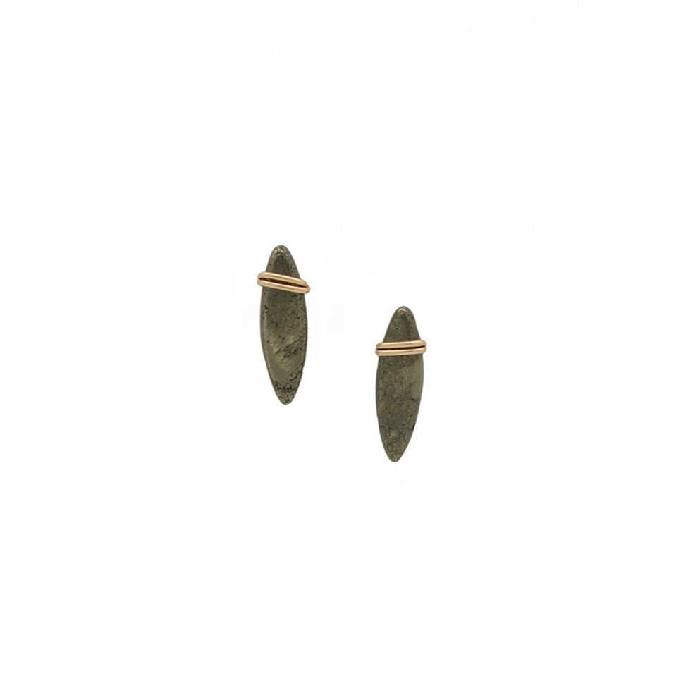 Zurina Ketola Designs smooth marquis pyrite posts in 14K gold fill on white background