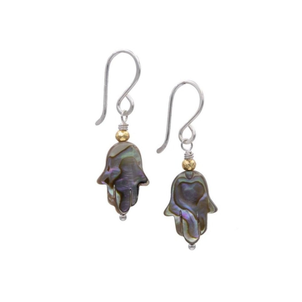 Zurina Ketola Handmade Earrings. Abalone Hamsa Drop Earrings. Mixed Metal Earrings. Sterling Silver and Gold Detail..