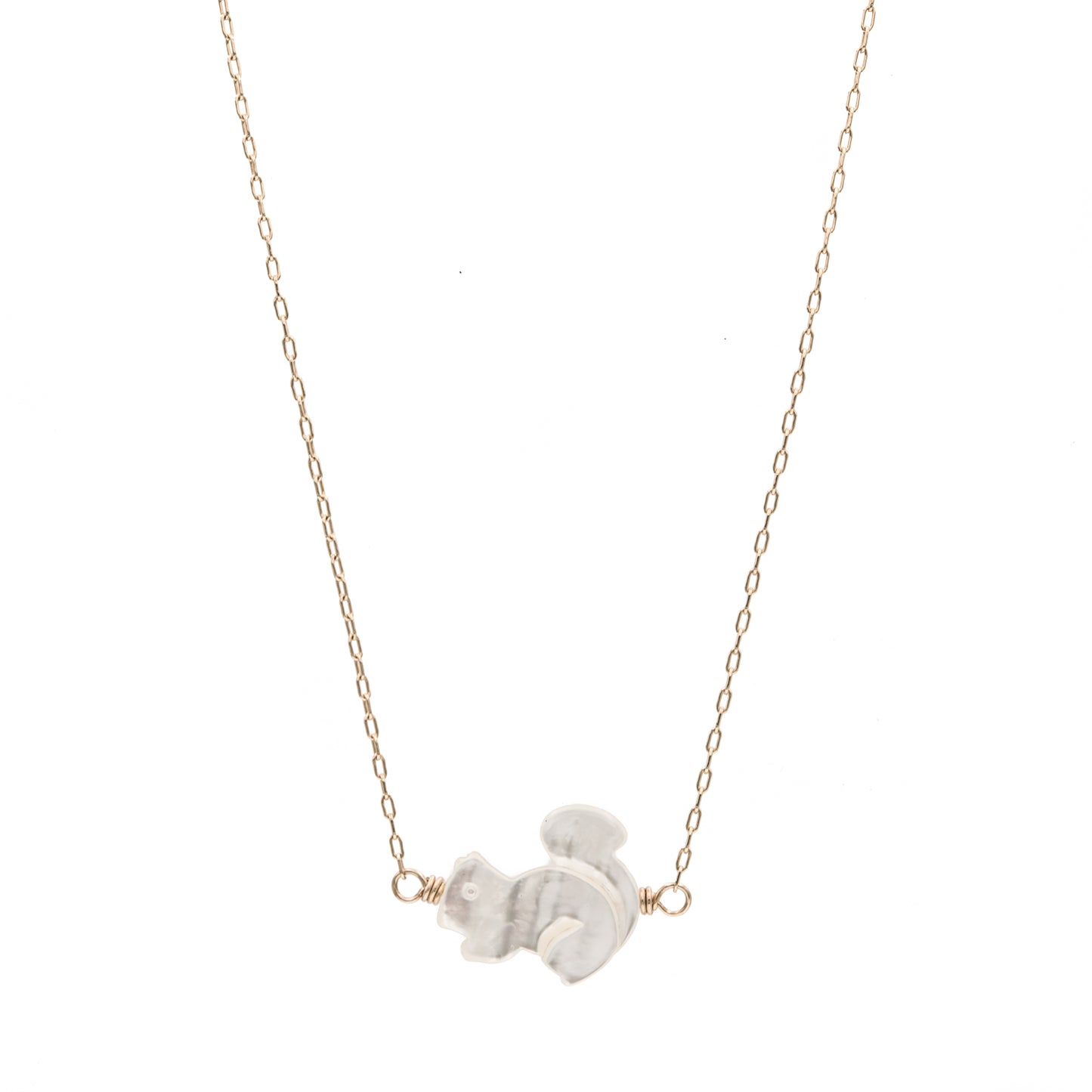 Zurina Ketola Designs carved mother of pearl squirrel necklace in 14K gold fill.