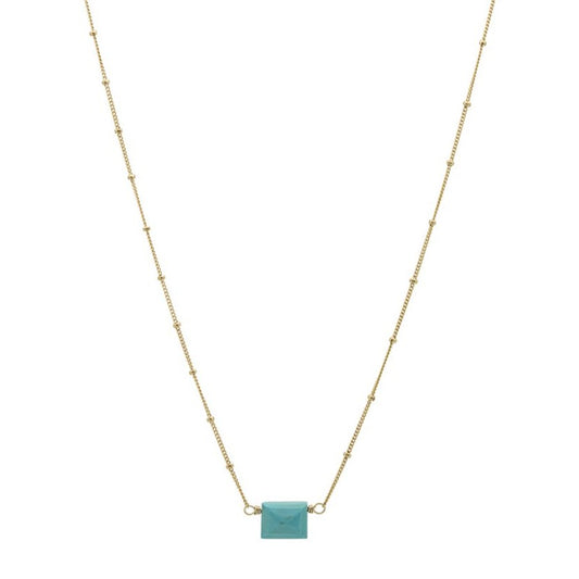 Zurina Ketola Designs Sleeping Beauty Turquoise stud necklace with satellite chain in gold fill on white background
