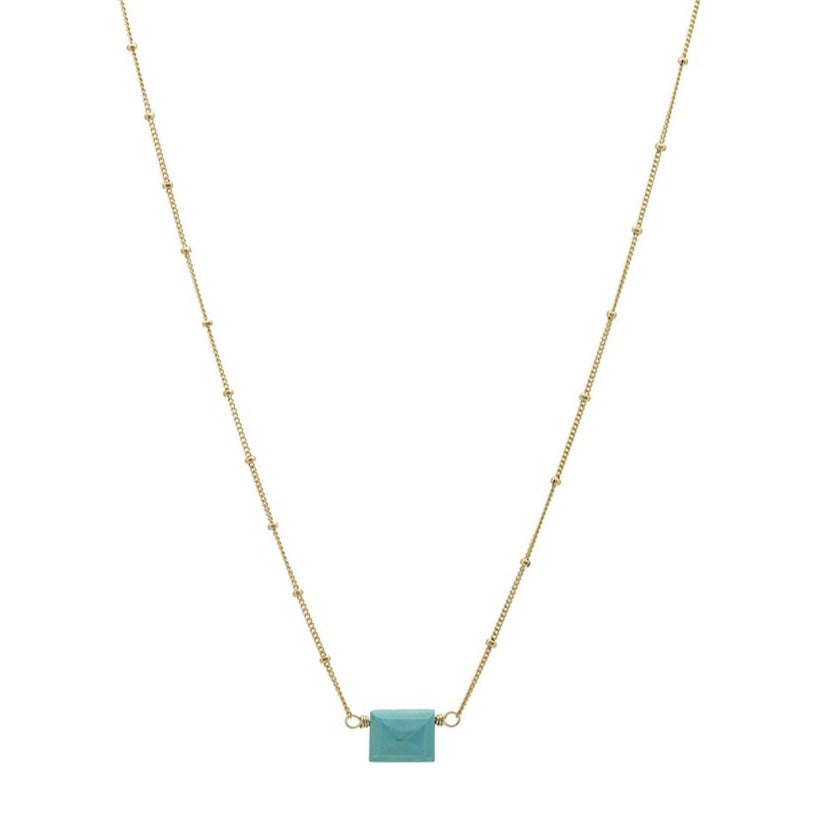 Zurina Ketola Designs Sleeping Beauty Turquoise stud necklace with satellite chain in gold fill on white background