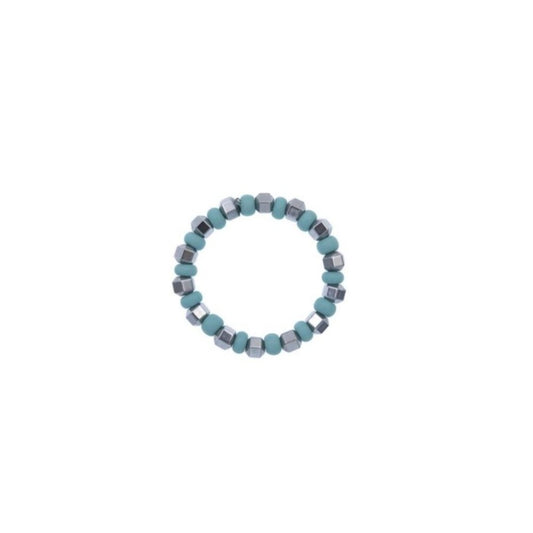 Zurina Ketola Beaded Ring. Stretch Ring with Turquoise Seed Beads and Silver Plated Hematite.