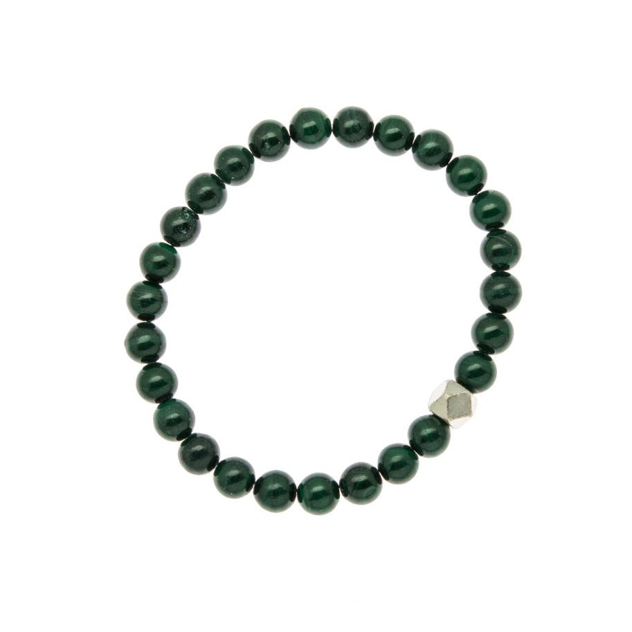 Zurina Ketola stretch mala inspired bracelet featuring malachite and silver plated geometric copper detail