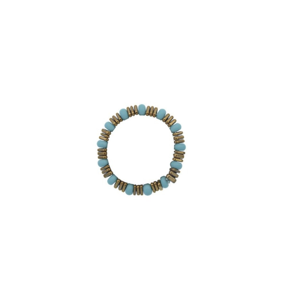 Zurina Ketola Beaded Ring. Stretch Ring with Turquoise Seed Beads and  Plated Hematite.